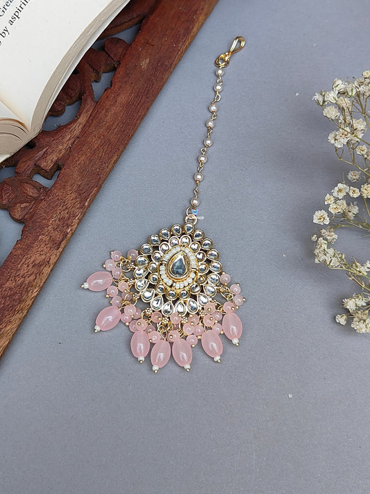 Pink kundan pearl Maang tikka