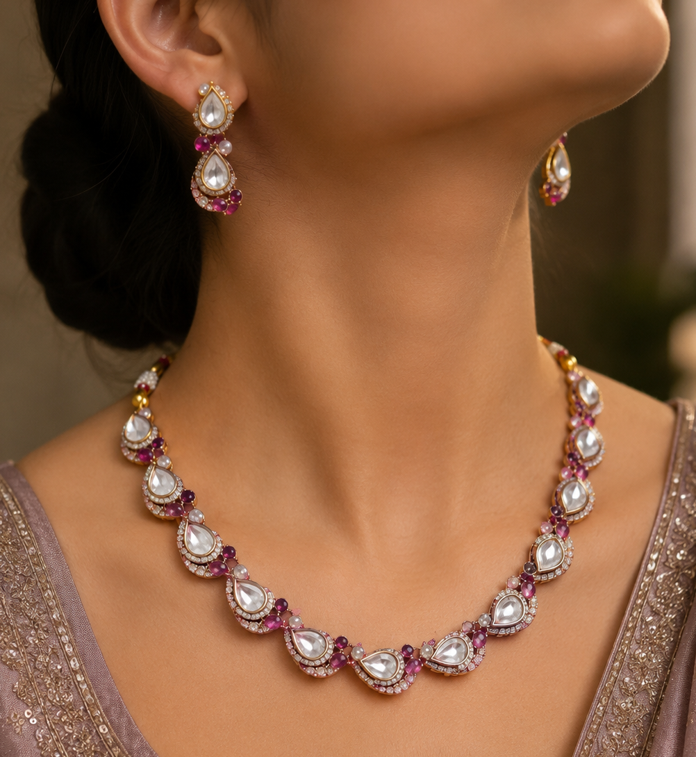Rain Drop Kundan Moti Necklace