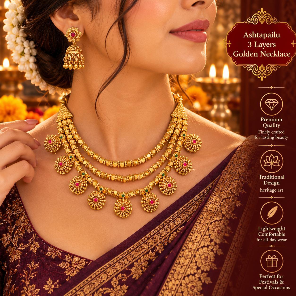 Ashtapailu 3 Layers Golden Necklace