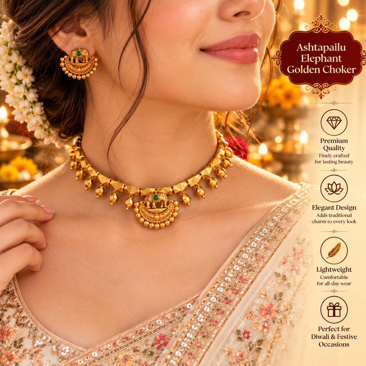 Ashtapailu Elephant Golden Necklace